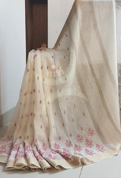 Off white linen silk handloom with embroidery