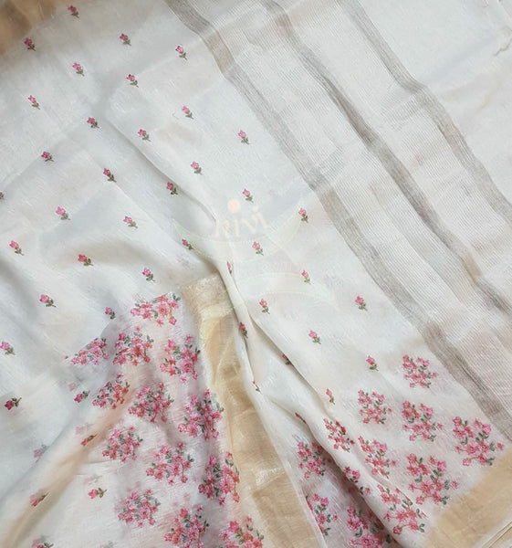 Off white linen silk handloom with embroidery