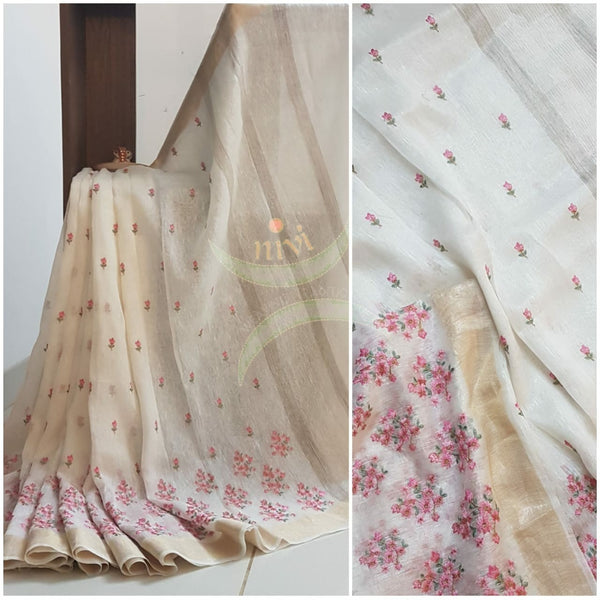 Off white linen silk handloom with embroidery