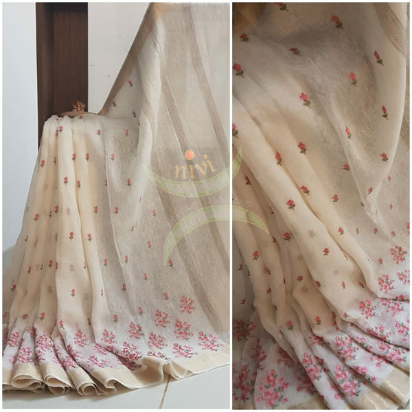 Off white linen silk handloom with embroidery