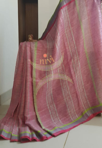 Pink handloom linen. Saree comes with running blouse piece