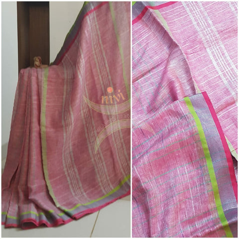 Pink handloom linen. Saree comes with running blouse piece