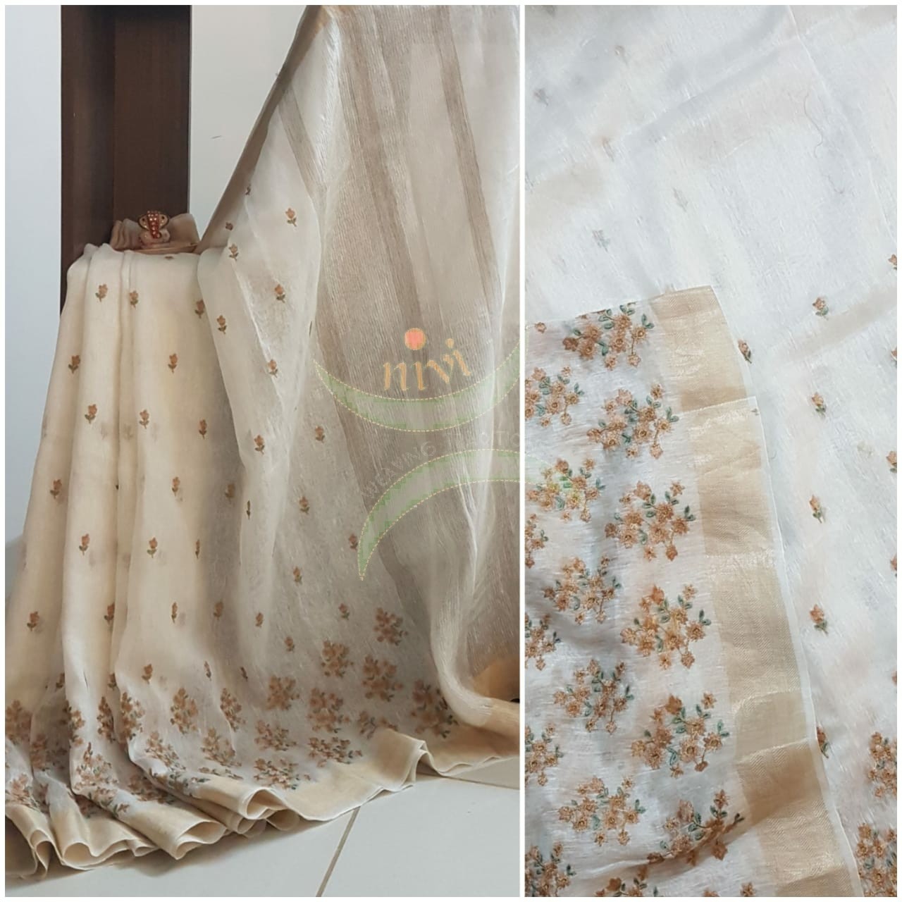Off white linen silk handloom with embroidery