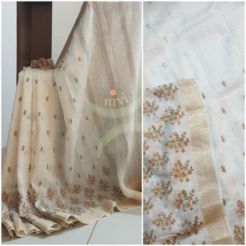Off white linen silk handloom with embroidery