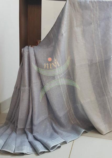 Grey silver handloom checkered linen with silver border