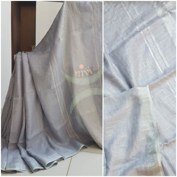 Grey silver handloom checkered linen with silver border