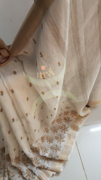 Off white linen silk handloom with embroidery