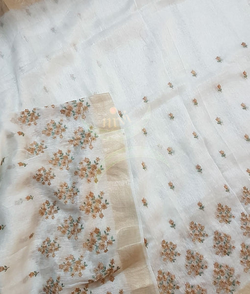 Off white linen silk handloom with embroidery