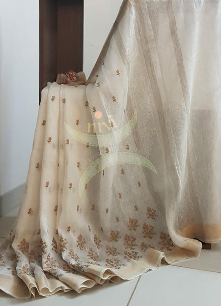 Off white linen silk handloom with embroidery