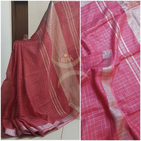 Pink handloom checkered linen with silver border