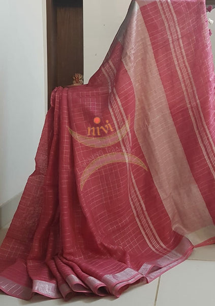 Pink handloom checkered linen with silver border