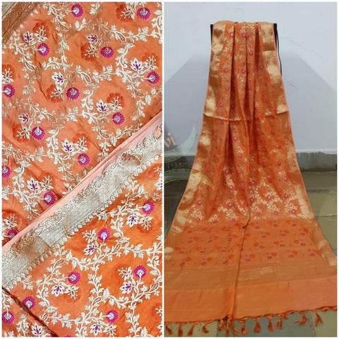 Peach shot orange handloom muga silk benaras brocade dupatta