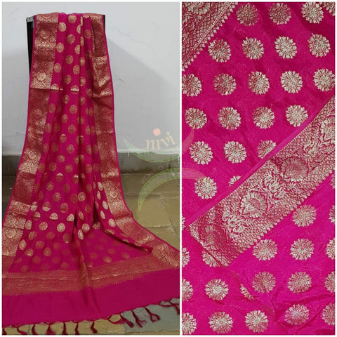 Pink handloom muga silk benaras brocade dupatta