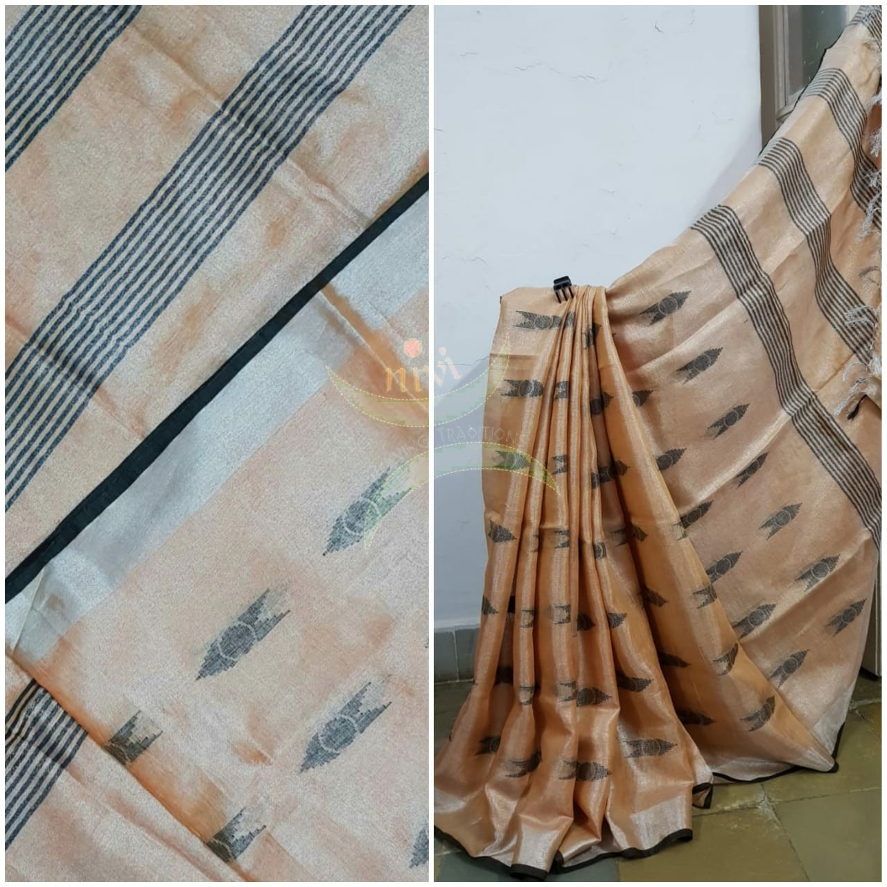 Peach Handloom linen tissue with contrasting black border and pallu