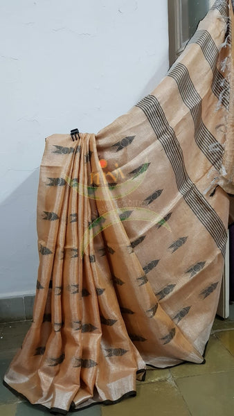 Peach Handloom linen tissue with contrasting black border and pallu