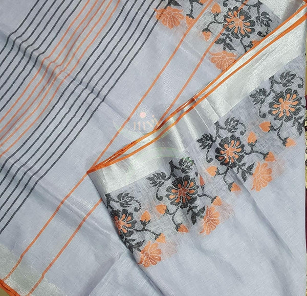Grey handloom linen with contrasting orange border woven with floral motif and striped pallu