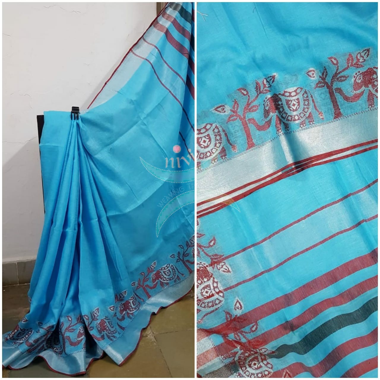 BLUE handloom linen with contrasting red border woven with traditional elephant motif and striped pallu