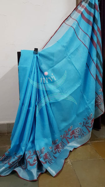 BLUE handloom linen with contrasting red border woven with traditional elephant motif and striped pallu