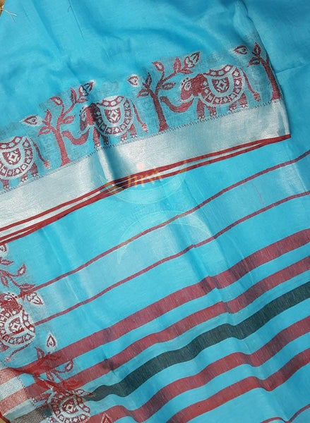 BLUE handloom linen with contrasting red border woven with traditional elephant motif and striped pallu