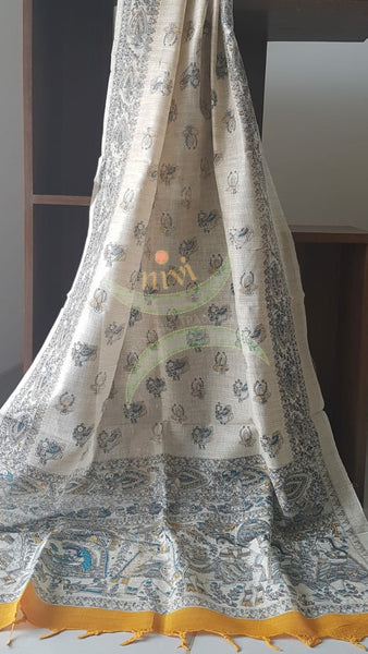 Off white with Mustard  handloom silk blend  with block printed madhubani motifs 3 piece set