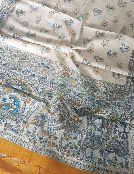 Off white with Mustard  handloom silk blend  with block printed madhubani motifs 3 piece set