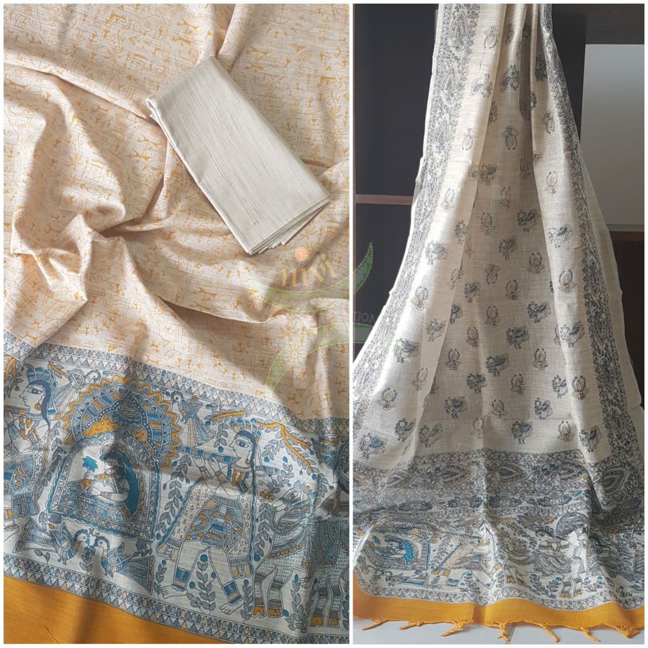 Off white with Mustard  handloom silk blend  with block printed madhubani motifs 3 piece set