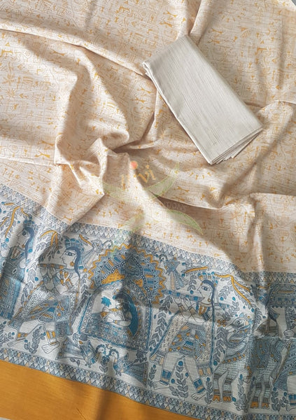 Off white with Mustard  handloom silk blend  with block printed madhubani motifs 3 piece set