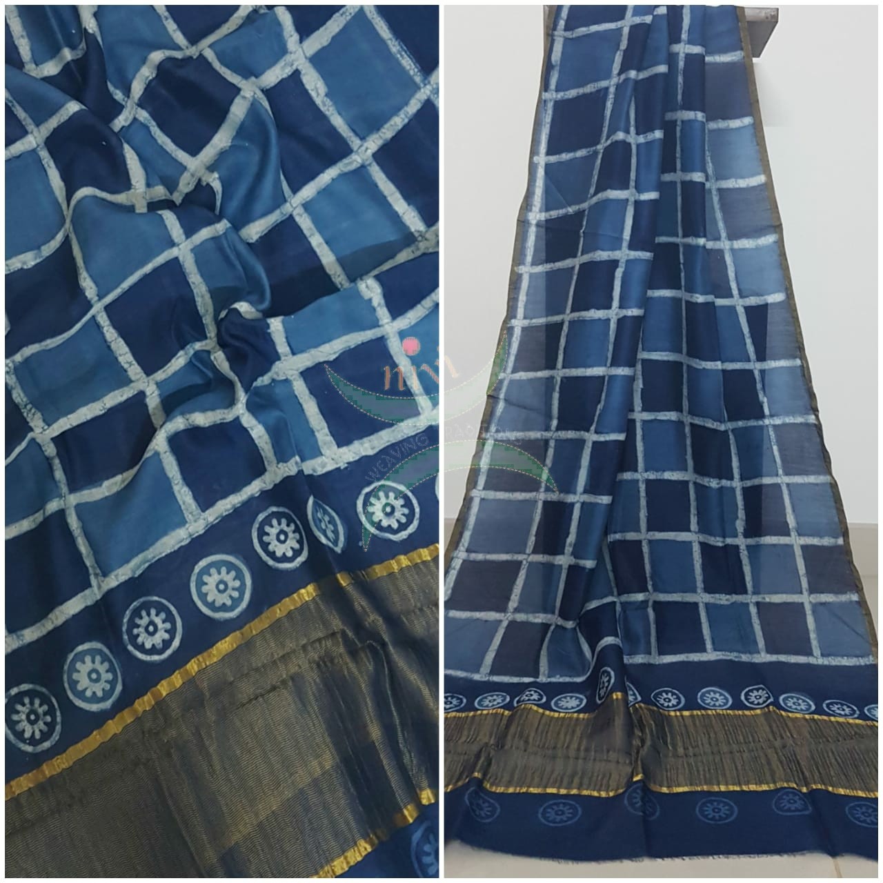Handloom Chenderi Indigo duppata with traditional hand block print.