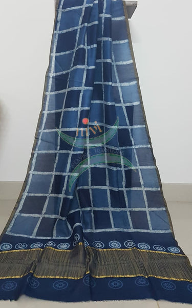 Handloom Chenderi Indigo duppata with traditional hand block print.
