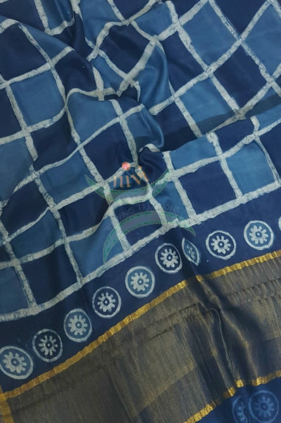 Handloom Chenderi Indigo duppata with traditional hand block print.