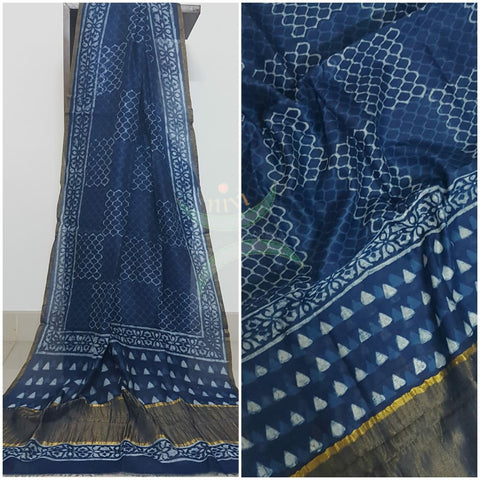 Handloom Chenderi Indigo duppata with traditional hand block print.