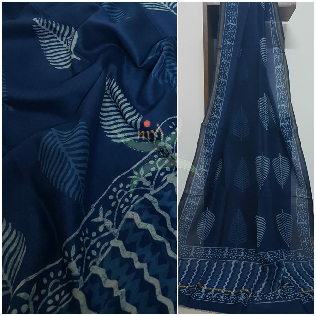Handloom Chenderi Indigo duppata with traditional hand block print.