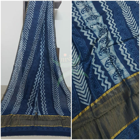 Handloom Chenderi Indigo duppata with traditional hand block print.