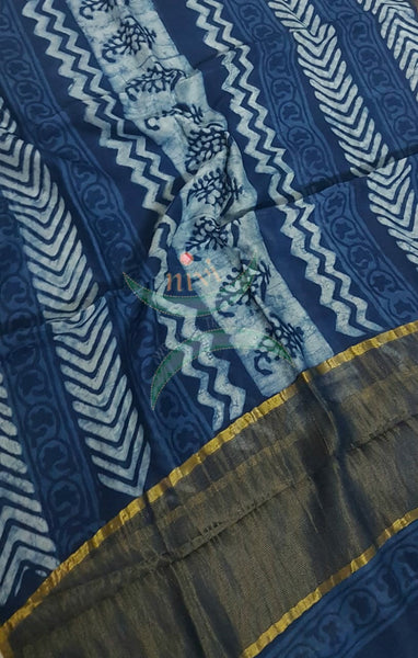 Handloom Chenderi Indigo duppata with traditional hand block print.