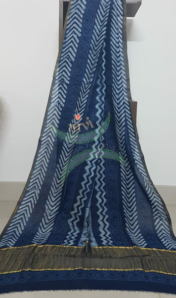 Handloom Chenderi Indigo duppata with traditional hand block print.