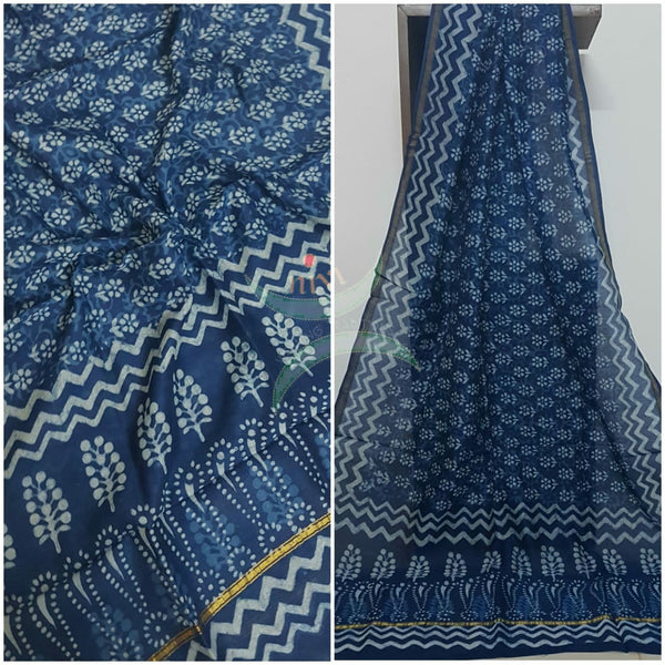 Handloom Chenderi Indigo duppata with traditional hand block print.