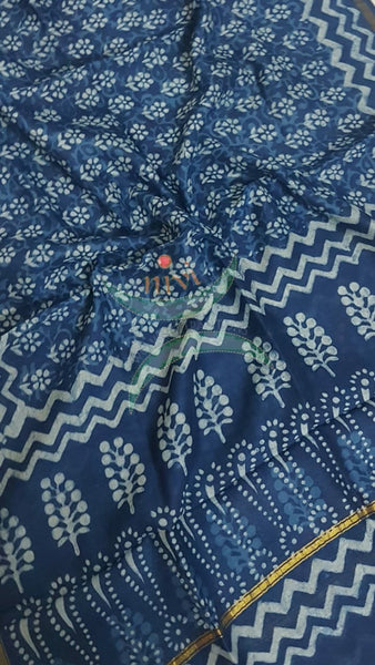 Handloom Chenderi Indigo duppata with traditional hand block print.