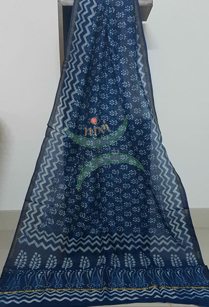 Handloom Chenderi Indigo duppata with traditional hand block print.