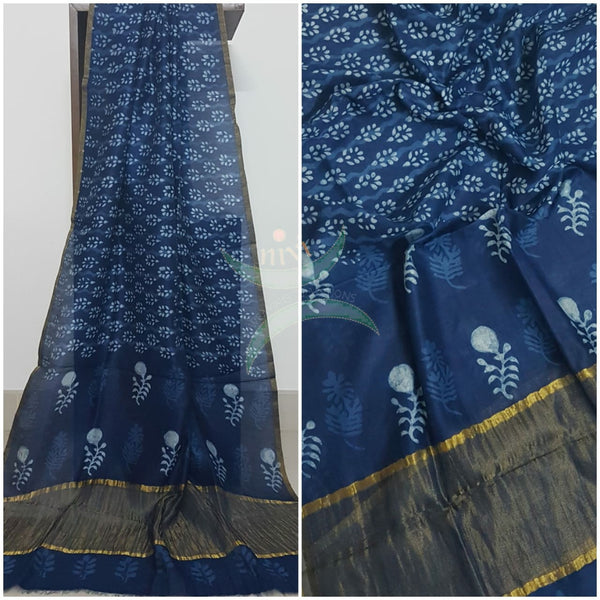 Handloom Chenderi Indigo duppata with traditional hand block print.