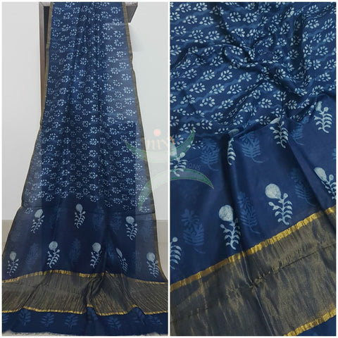 Handloom Chenderi Indigo duppata with traditional hand block print.