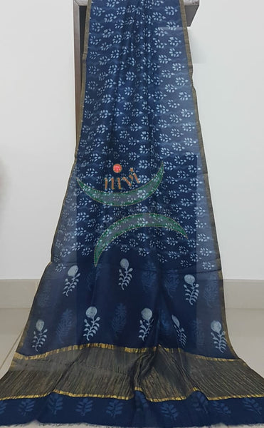 Handloom Chenderi Indigo duppata with traditional hand block print.