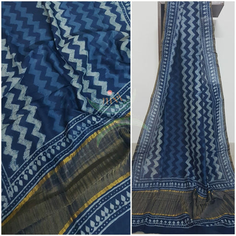 Handloom Chenderi Indigo duppata with traditional hand block print.