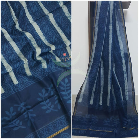 Handloom Chenderi Indigo duppata with traditional hand block print.