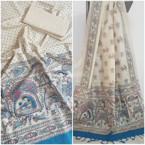 Off white with Blue handloom silk blend  with block printed madhubani motifs 3 piece set
