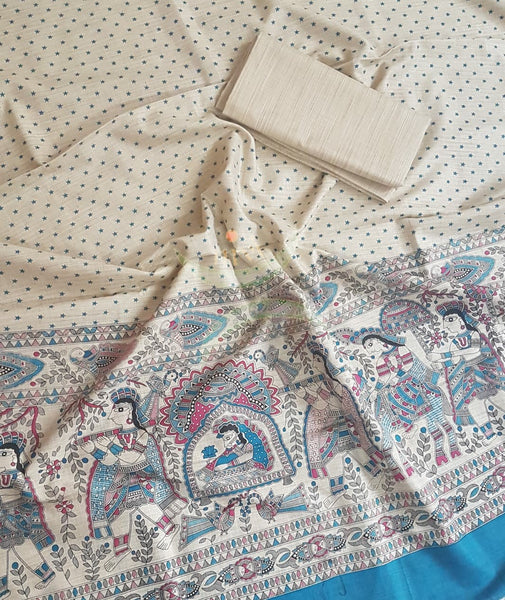 Off white with Blue handloom silk blend  with block printed madhubani motifs 3 piece set