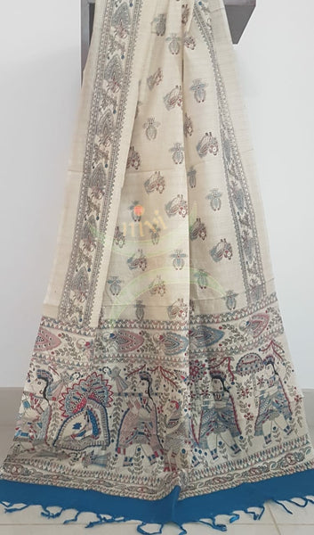 Off white with Blue handloom silk blend  with block printed madhubani motifs 3 piece set
