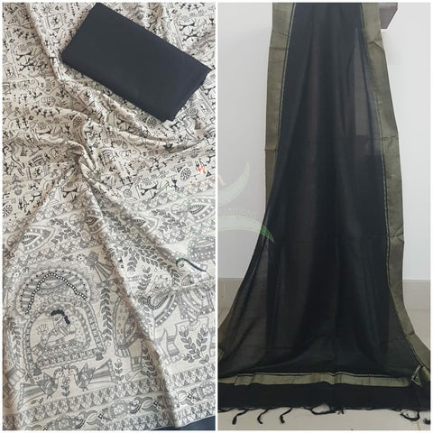 Off white with Black handloom silk blend with block printed madhubani motifs 3 piece set