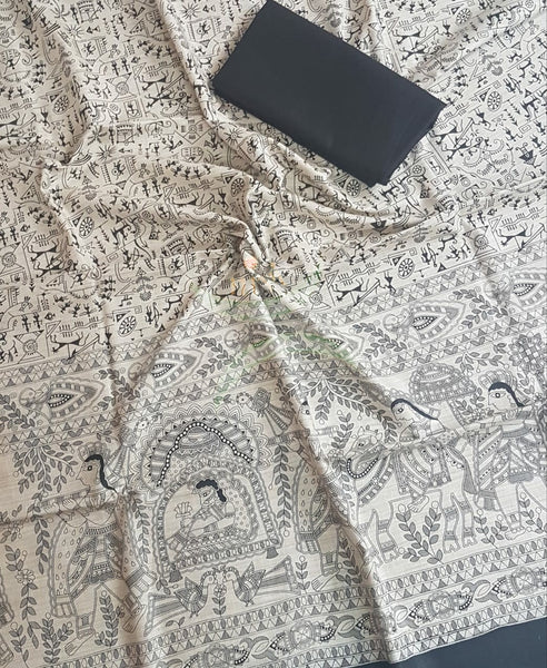 Off white with Black handloom silk blend with block printed madhubani motifs 3 piece set