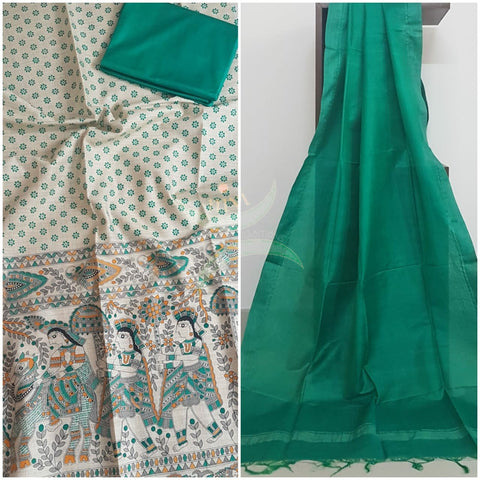 Off white with Green handloom silk blend  with block printed madhubani motifs 3 piece set