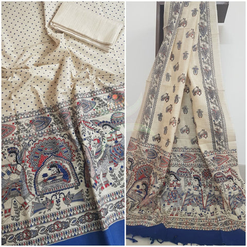 Off white with Blue handloom silk blend  with block printed madhubani motifs 3 piece set